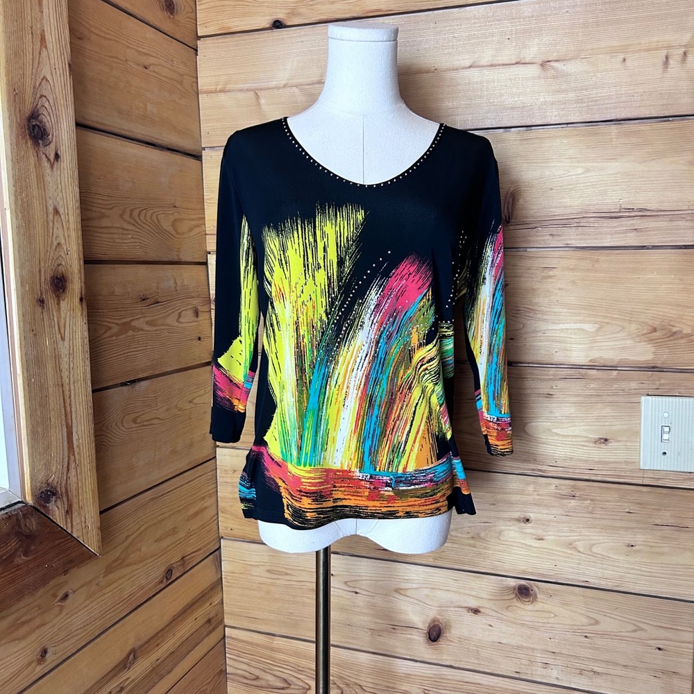 Abstract Neon Blouse Women Size Small Black Rhinestone Neck Y2K Valentina Shirt